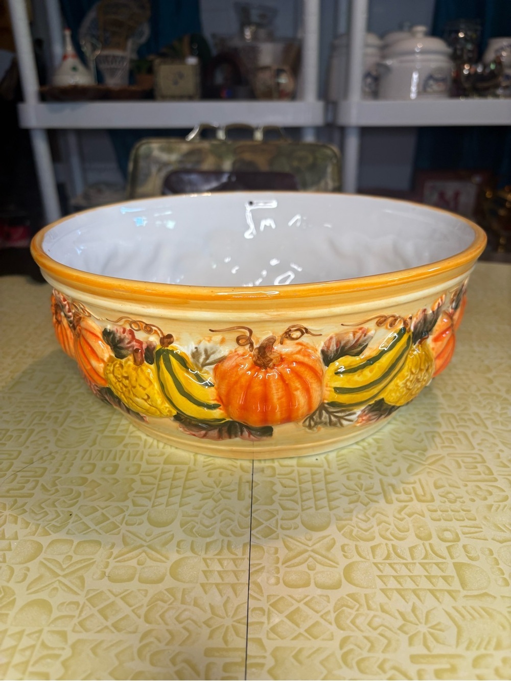 Vintage Hand-Painted Pumpkin & Gourd Ceramic Serving Bowl - Orange Accent